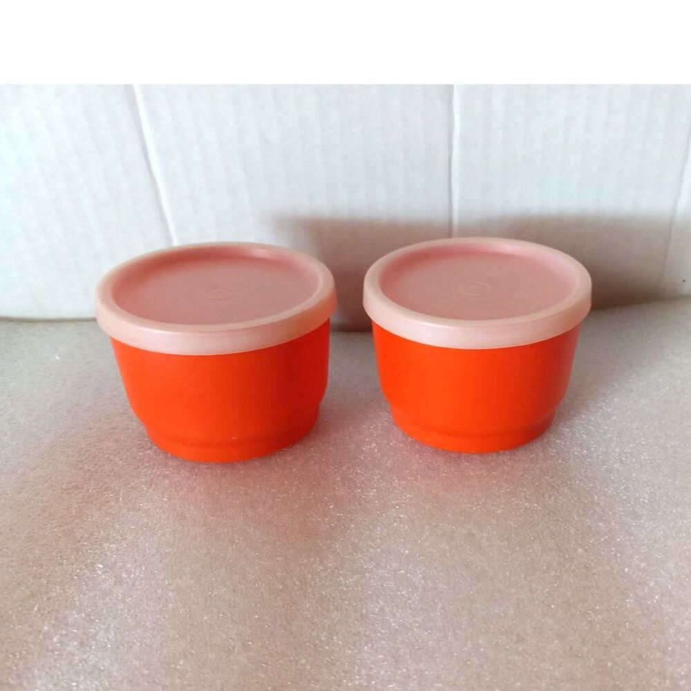 Set of 2 Vintage Orange Tupperware 4-Ounce 1229 Snack Cups with Sheer Lids